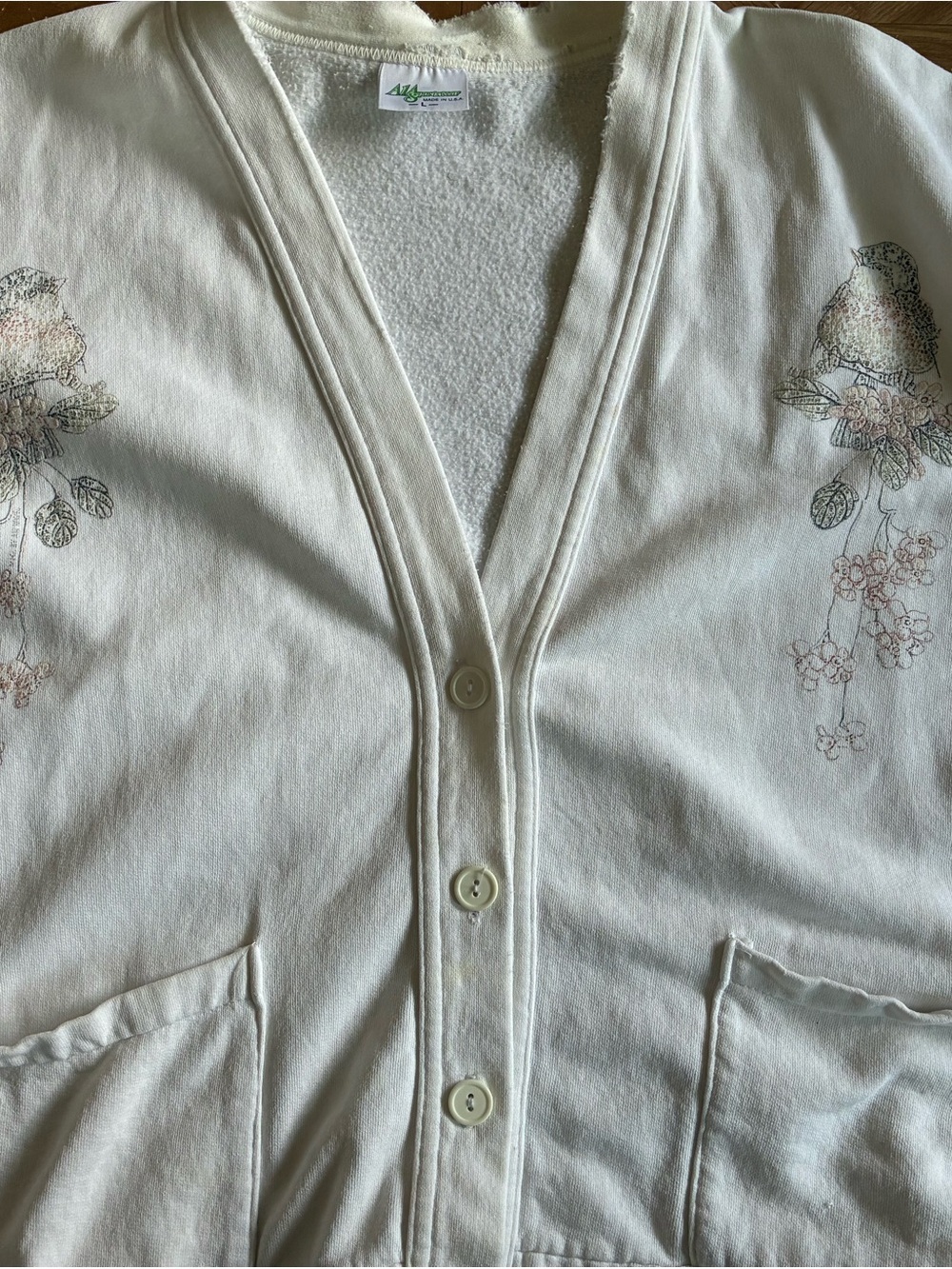 Soft Cream Button-Front Robe Cardigan with Bird Embroidery